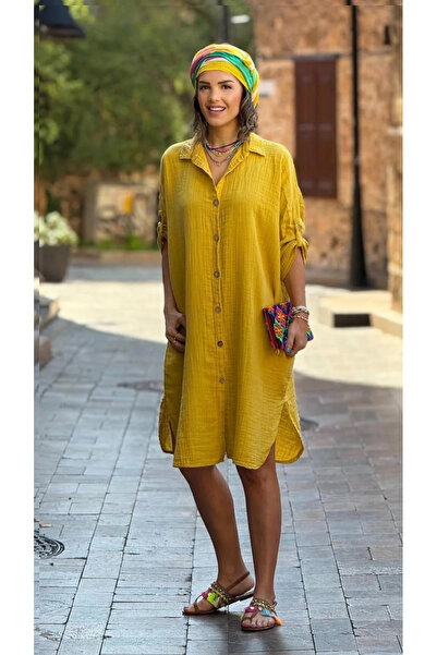 STYLENEST %100 Pamuk Müslin Düğmeli Gömlek Elbise – Rahat Kesim, Hardal