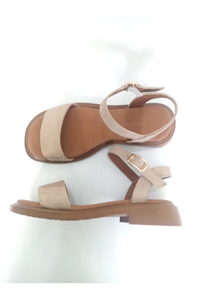 ezmoda Bej lüx süet tekbant sandalet