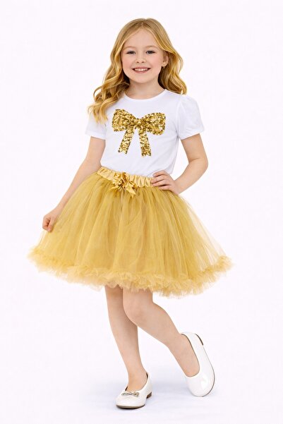 Nacar 23 Nisan 29 Ekim Gösteri Kıyafeti Kız Çocuk Payetli Fiyonk Detaylı Gold...