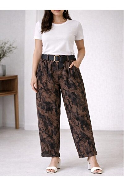 Butik Şans بنطلون إيطالي من الليكرا بتفاصيل حزام ونقشة كاموجلاج للنساء