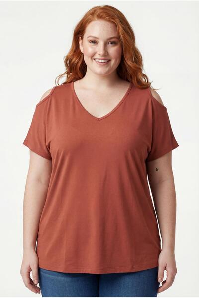 Ebsumu Women's Plus Size Off-The-Shoulder V-Neck Viscose Brown T-Shirt – Fron...