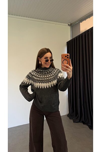 elif teke Bomfime Gray Top Patterned Knitwear Sweater