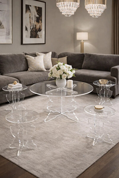 MARIA HOMES Transparent Acrylic Round Coffee Table Set with Four Side Tables ...