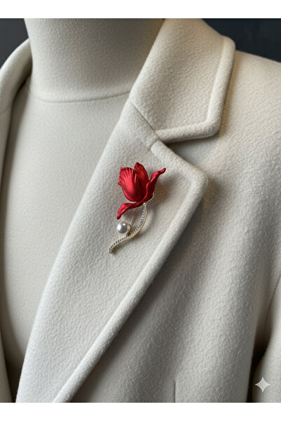 Neşeli Atölyem Kırmızı Gül Yaka İğnesi Broş İnci Detaylı