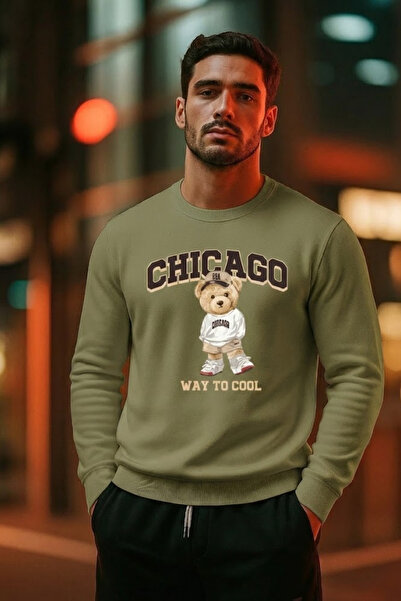 COMBİNE MİCHAİL Men's Teddy Bear Printed Casual Khaki Sweatshirt
