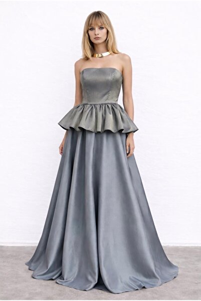 MERT ERKAN Shiny Ruffled Strapless Top & Full Circle Maxi Taffeta Skirt Top&B...