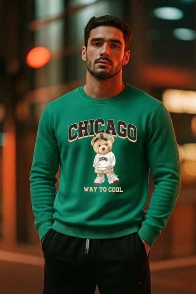 COMBİNE MİCHAİL Ανδρικό φούτερ με στάμπα αρκουδάκι σε χαλαρό πράσινο χρώμα