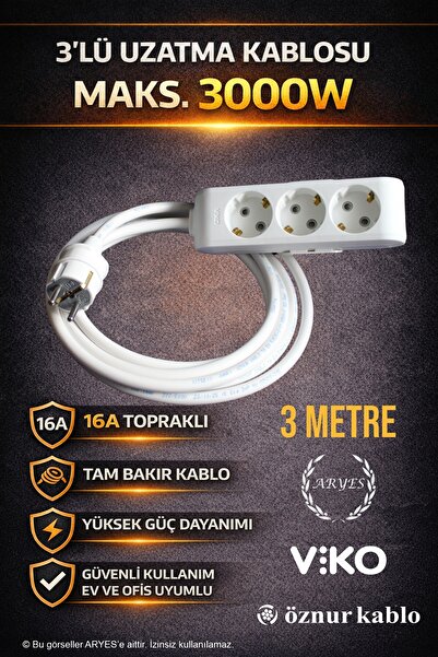 Aryes 3’lü 3 Metre Uzatma Kablosu 3x2,5 TTR Tam Bakır Kalın Kablo 3000W Güven...