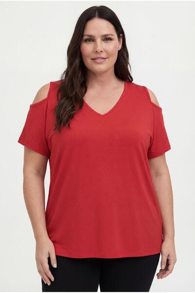 Ebsumu Women's Plus Size Off-The-Shoulder V-Neck Viscose Red T-Shirt – Front ...