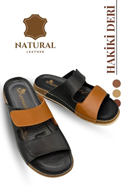 lil amore Sermoda Hakiki Çapraz Renk Garnili Deri Erkek Terlik Doğal Deri Ter...