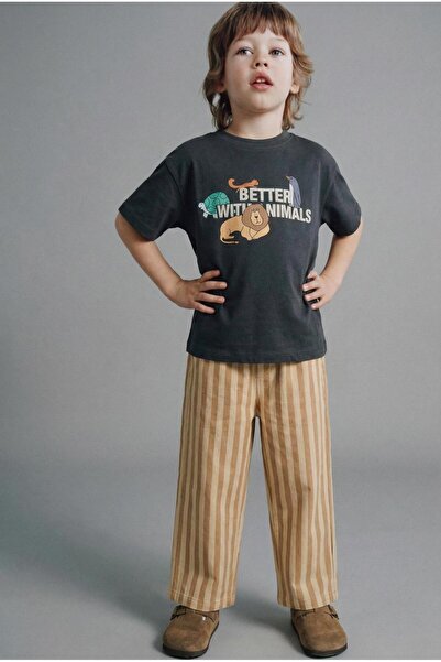 Magu Erkek Çocuk Pamuklu Baskılı T-Shirt ve Çizgili Eşofman Takımı