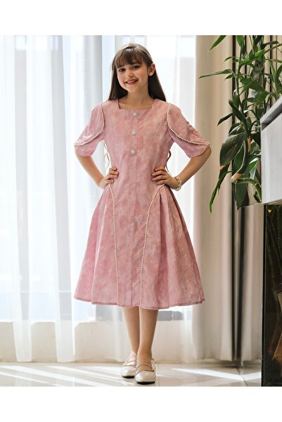 Totikids Girls' dress with a pattern and pearl-studded butterfly sleeves - kj...