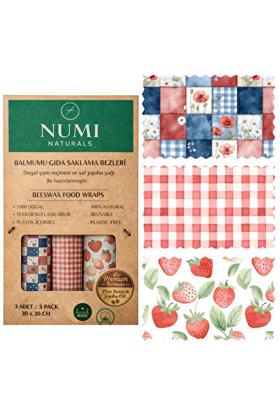 NUMI Naturals Wax Food Storage Cloths – Premium Set of 3 (30×30 cm) - Strawbe...