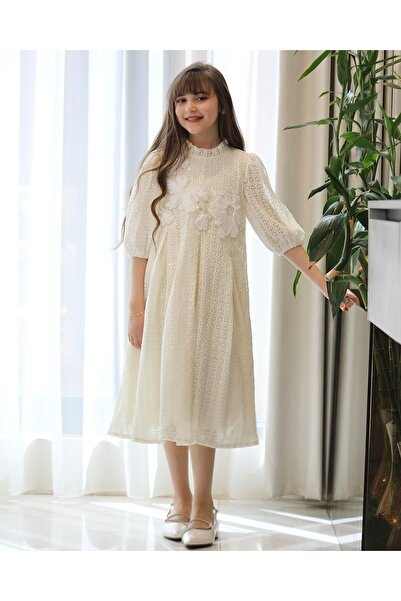 Totikids Girls' off-white mesh dress with raised floral embroidery | Ruffled ...