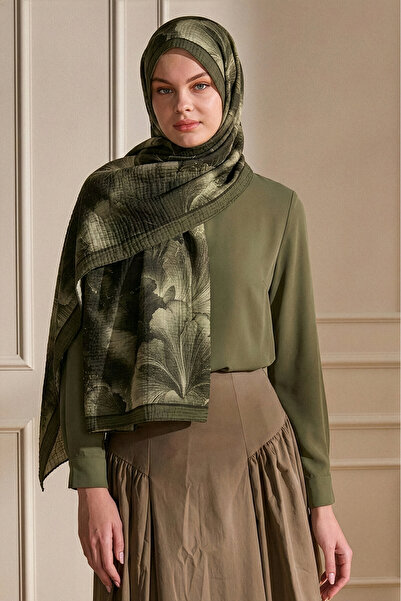 SilkTouch Asker Yeşili Soft Bloom Desenli Müslin Şal