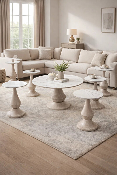 MARIA HOMES طقم طاولة وسط سيراميك عصري مكون من 7 قطع بقاعدة خشبية - طاولة وسط...