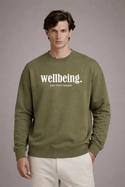 COMBİNE MİCHAİL سويت شيرت كاكي فضفاض مطبوع عليه نصوص للرجال