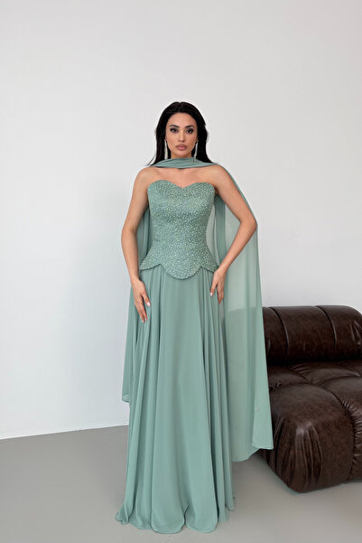 Serica Moda Mint Taş İşlemeli Şifon Etekli Şal Detaylı Abiye Elbise