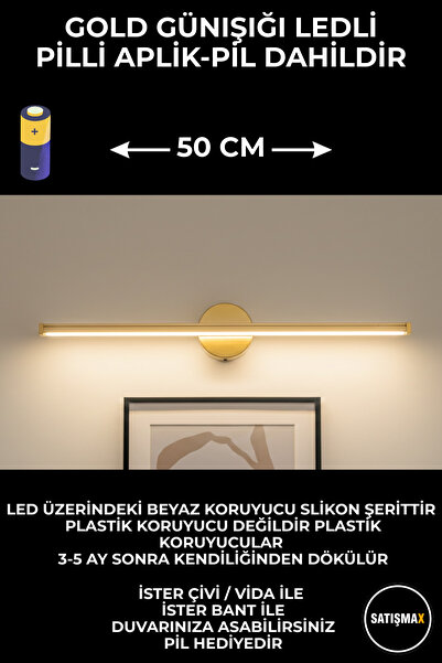 SatışMax Modern Kablosuz Ledli Pilli Aplik Banyo Tablo Ayna Aydınlatma Gold (...