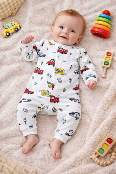 Nayinom Araba Desenli Erkek Bebek Tulum 1 Ay, 3 Ay, 6 Ay