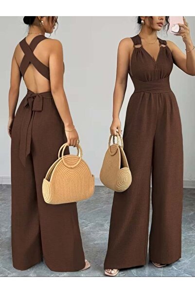 Miss Janell Kahverengi Zarif Kolsuz V Yakalı Tulum