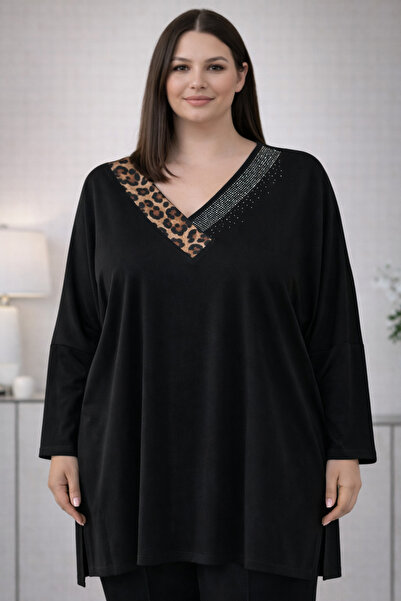 TUSSE Women's Plus Elegant V-Neck Leopard Stone Embellished Viscose Oversized...