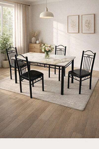 MARIA HOMES Modern 5-Piece Dining Table Set Marble Pattern Top Metal Legs 4 C...