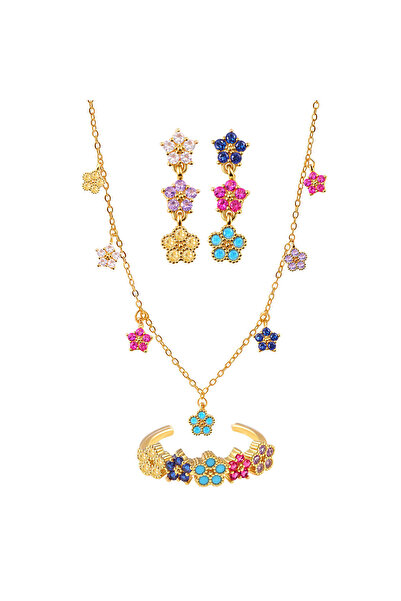 Choice Gold-color Stainless Steel Colored Diamond Small Flower Five-Leaf Clov...