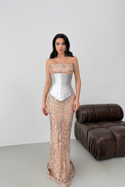 Serica Moda Pudra Taş İşlemeli Payetli Çıkarılabilir Korseli Abiye Elbise