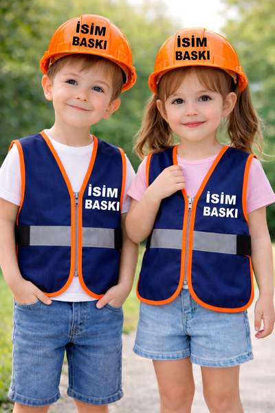 Teknik İSİM BASKILI ÇOCUK FERMUARLI MÜHENDİS YELEĞİ SETİ