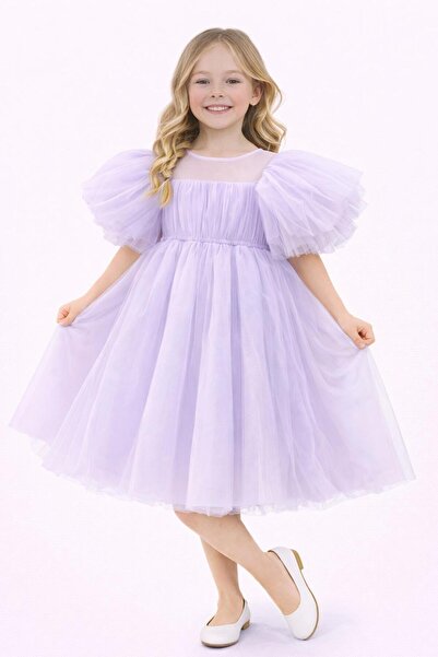 Nacar 23 Nisan 29 Ekim Gösteri Kıyafeti Kız Çocuk Balon Kollu Tül Lavanta Elbise