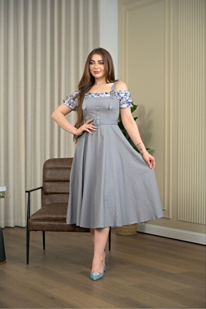 JAQUEEN Gray midi dress with floral sleeves