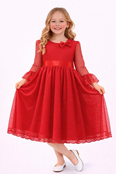 Nacar 23 Nisan 29 Ekim Gösteri Kıyafeti Kız Çocuk Tül Kollu Fiyonklu Elbise
