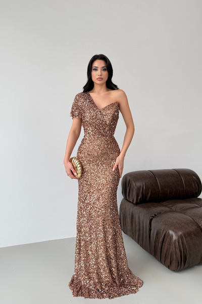 Serica Moda Gold One-Shoulder Detailed Sequined Evening Dress