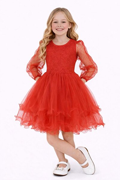 Nacar 23 Nisan 29 Ekim Gösteri Kıyafeti Kız Çocuk Kırmızı Tül Detaylı Uzun Ko...