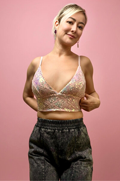 FOREVER UNIQUE Pembe Payetli Bustiyer