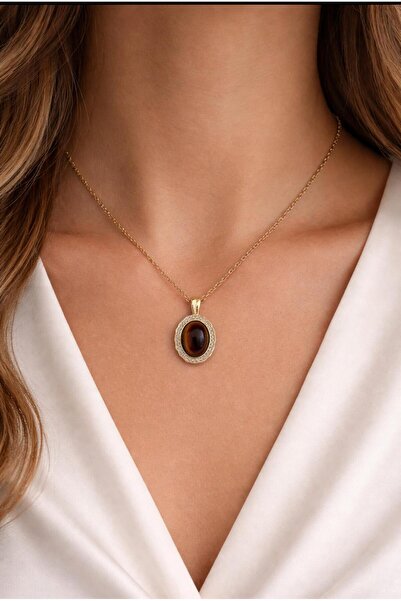 Goche YENİ Oval Kaplan Gözü Doğal Taş Zirkon Kadın Çelik Kolye – Şık Zarif Gü...