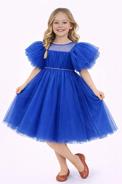 Nacar 23 Nisan 29 Ekim Gösteri Kıyafeti Kız Çocuk Balon Kollu Tül Lavanta Elbise