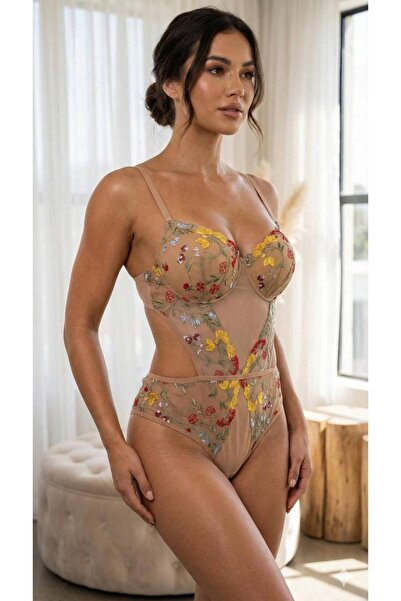 Store Krem Rengi Cicekli Dantelli B cup Gögsü Pedli Body Suit