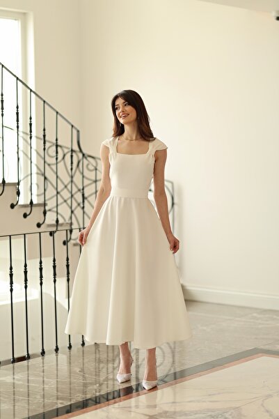 BEYZATURAN فستان نسائي أبيض طويل بحزام وياقة مربعة، فستان سهرة/مناسبات