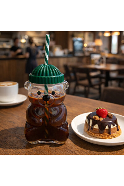 NUNU زجاجة ماء مع كوب وشفاطة على شكل دب | هدية عيد الحب | كوب الماء والديتوكس