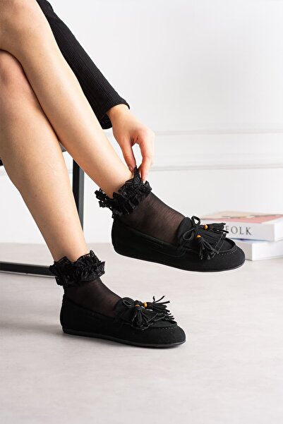 diclepolat حذاء نسائي من جلد الغزال الأسود ذو نعل مسطح مزين بشراشيب، حذاء يوم...