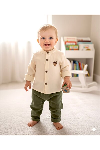 BEREN %100 Pamuk Erkek Bebek Müslin Gömlek Keten Pantolon 2'li Takım - Meşe P...