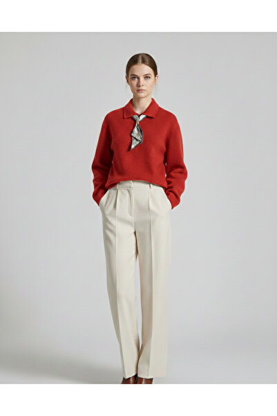 Lunleni Polo Collar Scarf Red Sweater