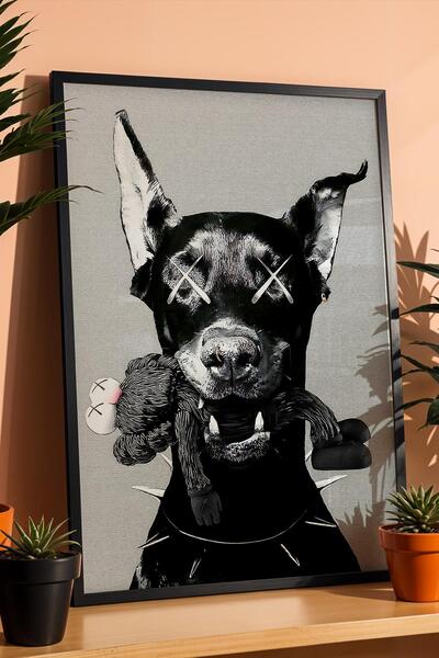 Saturn Tablou înrămat cu câine Doberman figurat KAWS, decor puternic accentua...