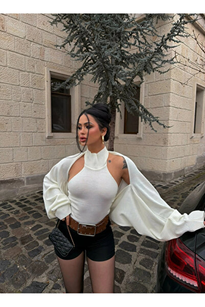 kırmızı butiks Beyaz Bolerolu Triko İkili Takım