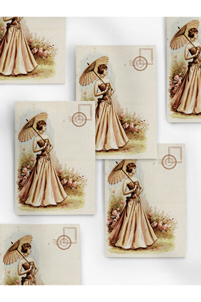 Henno A6 (10,5x14,8 cm) 6’lı Tek Desen Şemsiyeli Vintage Zarafet Kadın Figürl...
