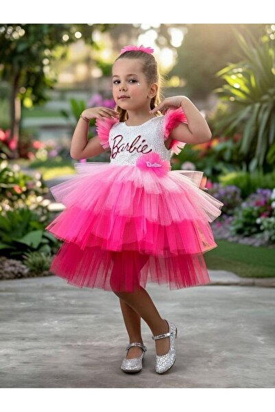BİLGEN Style فستان باربي للفتيات مزين بالترتر مع تفاصيل متعددة الطبقات على الكتف