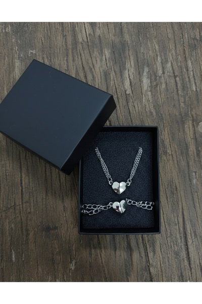 SAHET BUJİTERİ Kalpli Çift Kolye & Bileklik Seti – Sevgiliye Özel Aynı Kalp T...