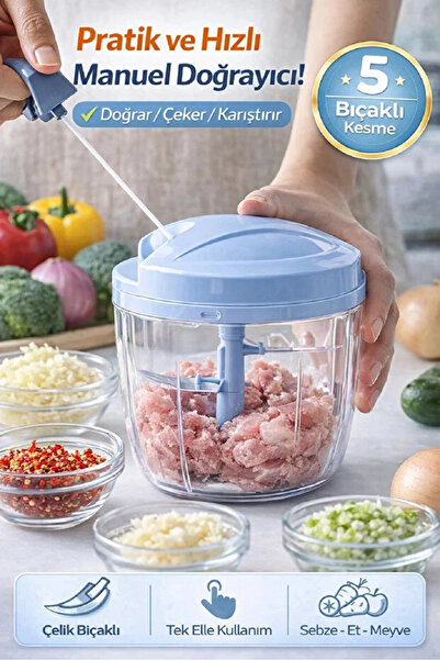 Maridet Pratik İpli El Rondosu 5 Çelik Bıçaklı Büyük Boy Et Soğan Sebze Meyve...